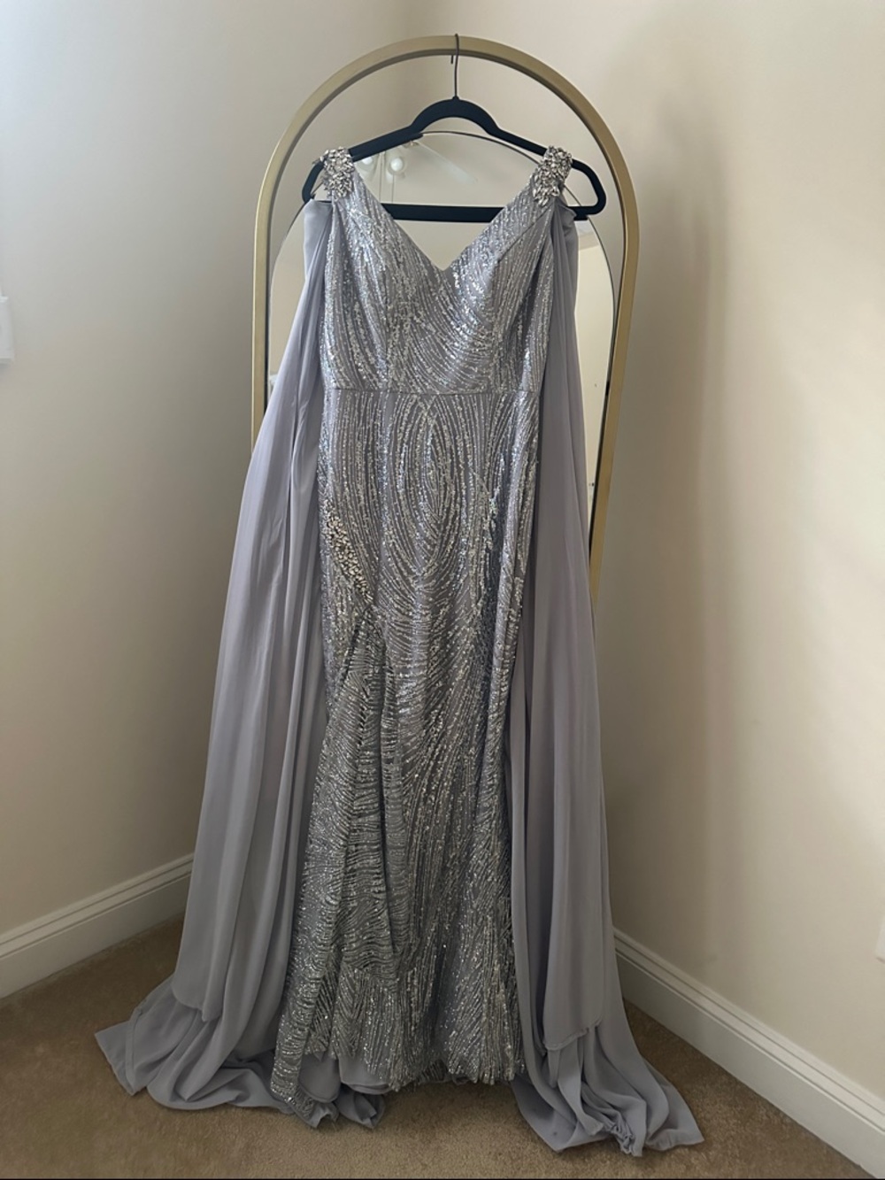 Portia and Scarlett Silver Sequined Gown with Lilac Chiffon Cape - Picture 2 of 8